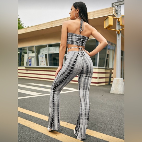 SHEIN ICON Tie Dye Halter Top & Cut Out Pants Set | Black & White | Small - Picture 2 of 3